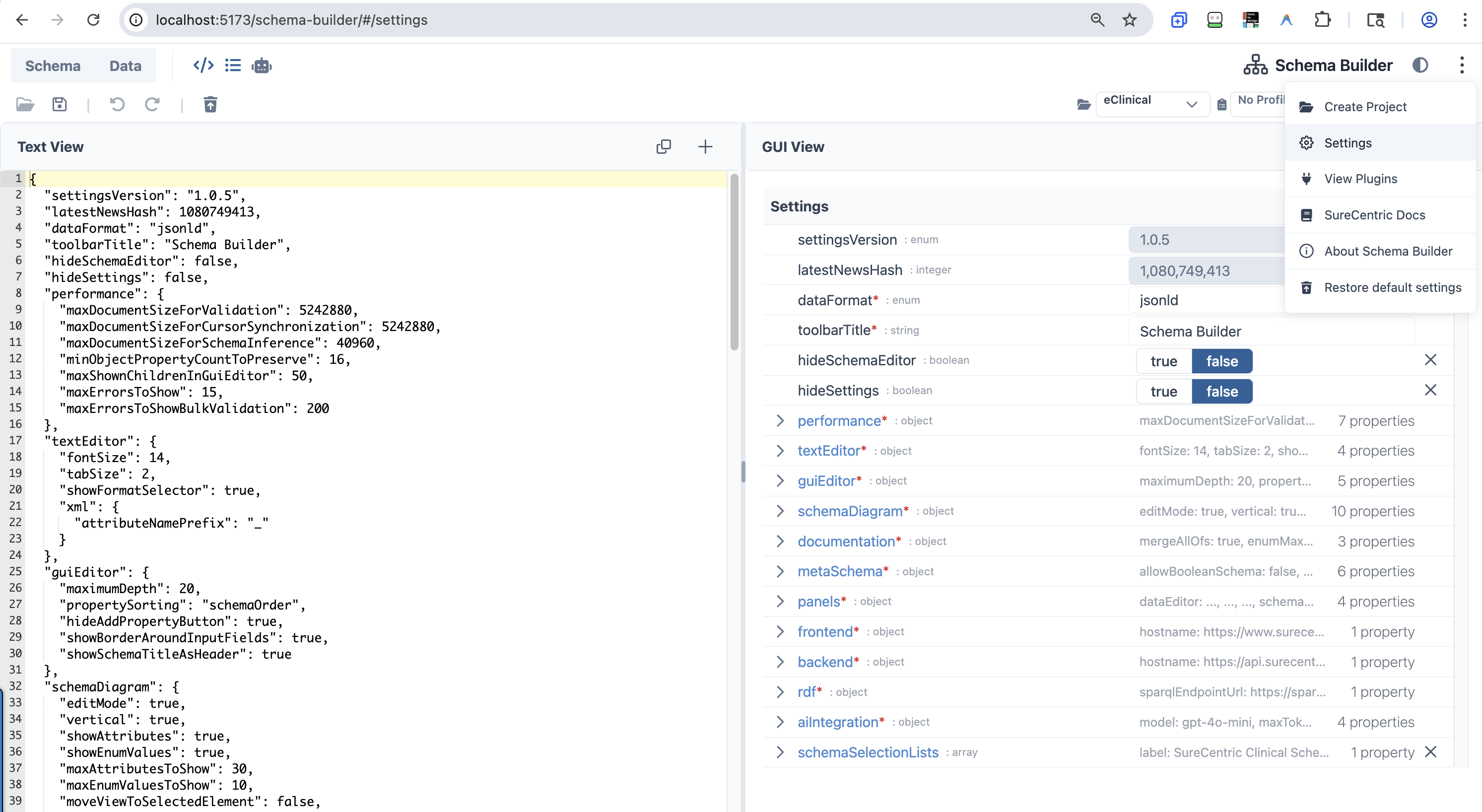 Schema Builder Three-Dot Menu and Settings View